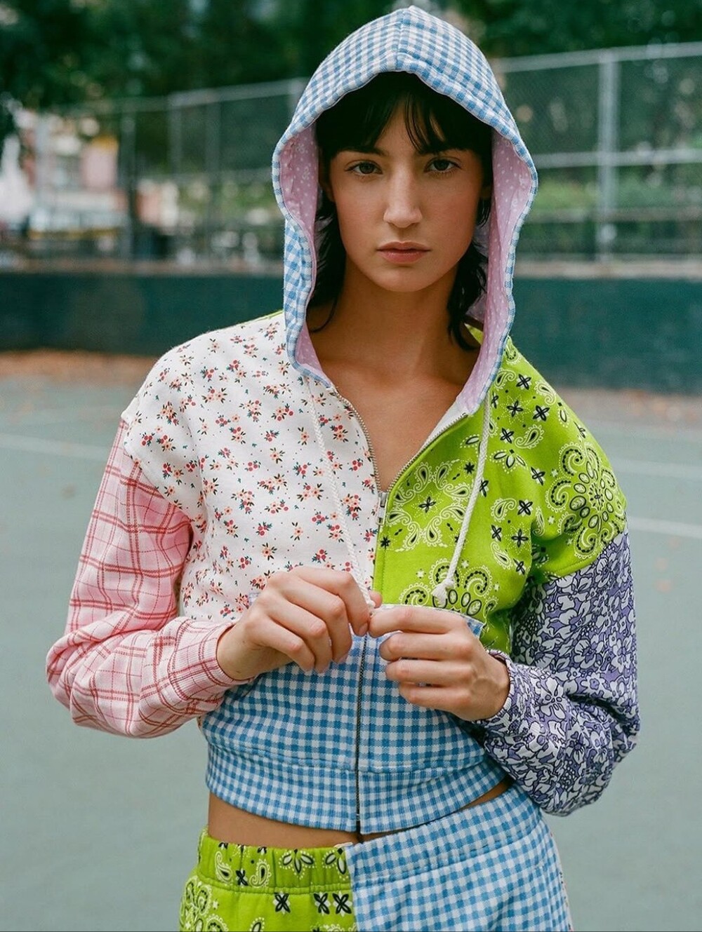 Teddy Fresh patchwork hoodie, Cropped Length, Size 2XL